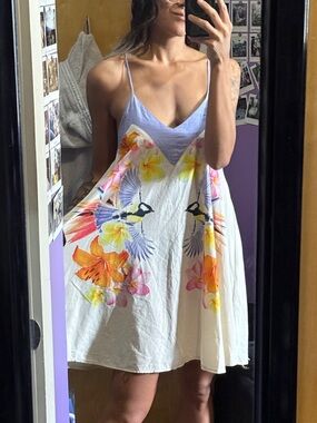 LF Lavender and White Floral Mini Dress with Birds and Floral Print